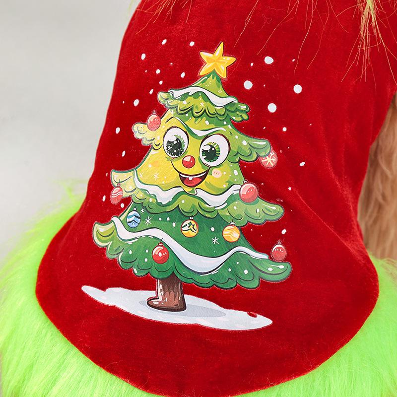 Green Haired Strange Christmas Dress Gold Velvet Fabric Christmas Tree Print Pet Party Christmas Clothes