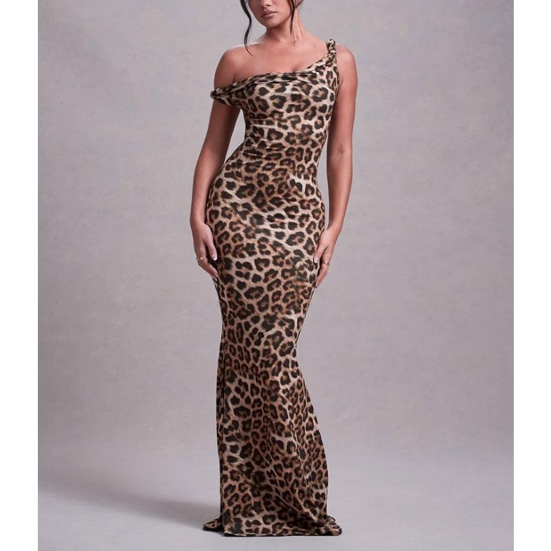 2025 Summer Sexy Halter Leopard Printed Suspender Dress New Fashion Elegant Sleeveless Bodycon Slim Long Party Dresses Women Clothing