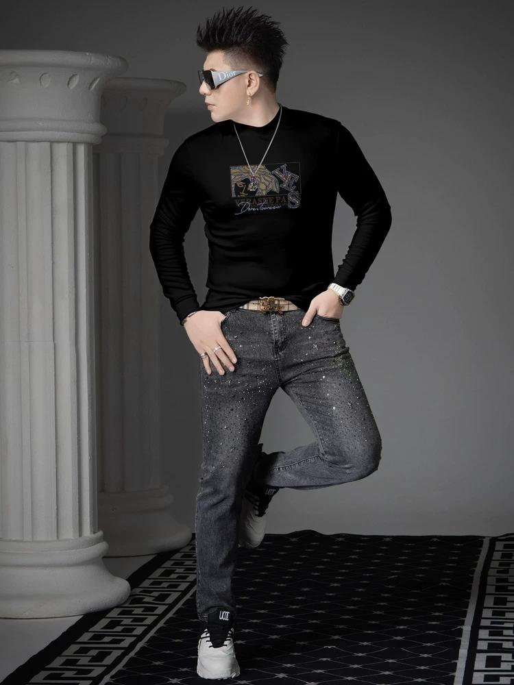 European Style Half-High Collar Long-Sleeve T-Shirt for Men, 2025 Autumn Trendy Brand Printed Rhinestone Casual Top Men's Base Shirt