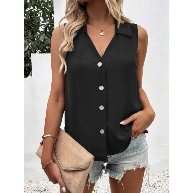 Summer Sleeveless V-neck Vest Shirt Women Casual Loose Blouse Large Office Chiffon Shirts Elegant Button-up Tops Solid Color Simple Fashion Clothing