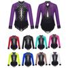 Collant Brilhante com Strass para Meninas Bloco de Cores Malha Transparente Patchwork Body com Saia para Patinação Artística Dança Ginástica