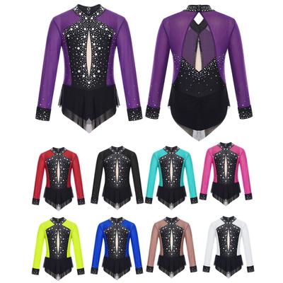 Leotardo Brillante con Pedrería para Niñas Bloque de Color Malla Transparente Patchwork Bodis con Falda Patinaje Artístico Danza Gimnasia