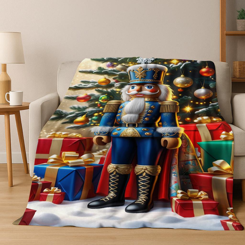 Frohe Weihnachten Baum Nussknacker Cartoon Puppe Neujahrsgeschenk Flanell Decke, Weiche Wohndecke für Zuhause Schlafzimmer Bett Sofa Kinder