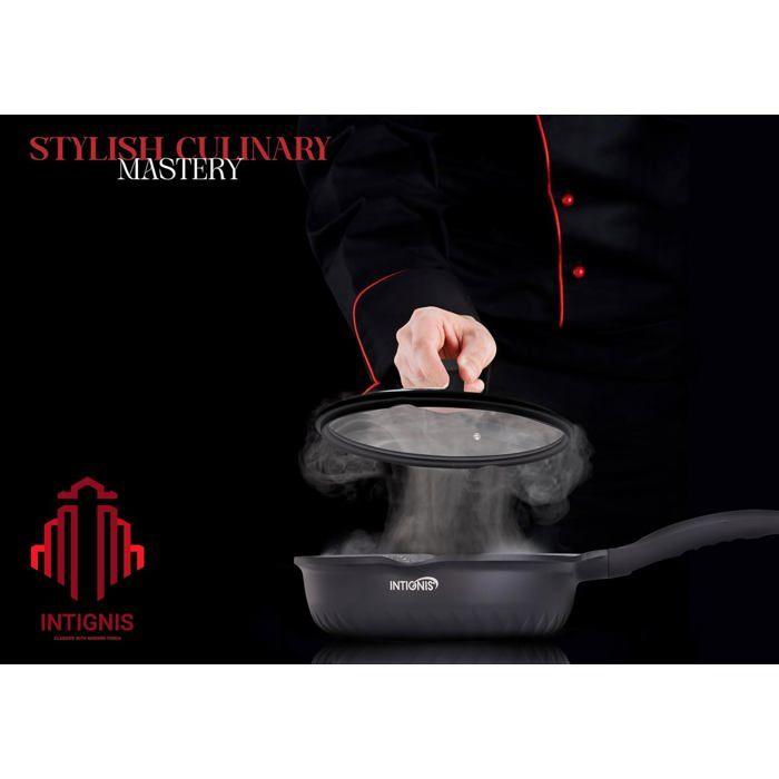 Poêle à frire - intignis - 28 cm - couvercle en verre anti-rayures - revêtement en pierre - compatible induction
