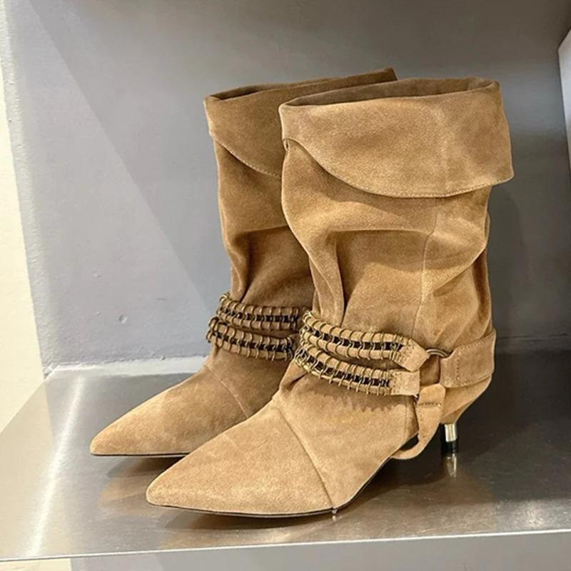 Pantofi Toamnă Iarnă Modă Stradală Cataramă Metalică Cizme Dama Până la Mijlocul Gambei Vintage Vârf Ascuțit Tocuri Subțiri Joase Botine Western