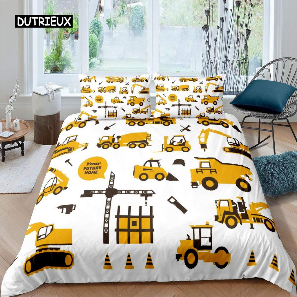 Excavator Duvet Cover Set Microfiber Tractor Truck Comforter Cover Twin Construction Vehicle Cartoon Bedding Set for Boys Teens