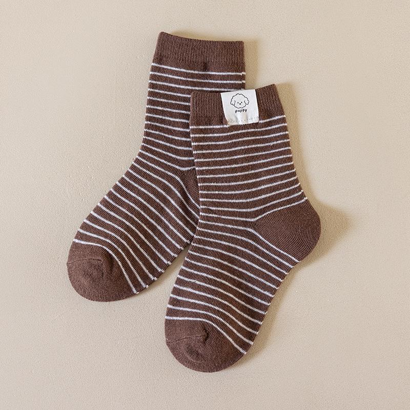 Korean Style Striped Mid-Calf Socks - Cute Cartoon Puppy Label for Kids