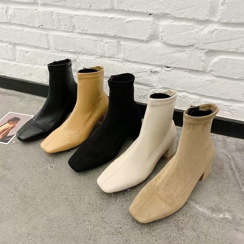 Korean  Autumn Winter New Women Boots Ankle Square Toe Mid-tube Thick-heeled Boots Women's Fashion High-heeled Women's Boots