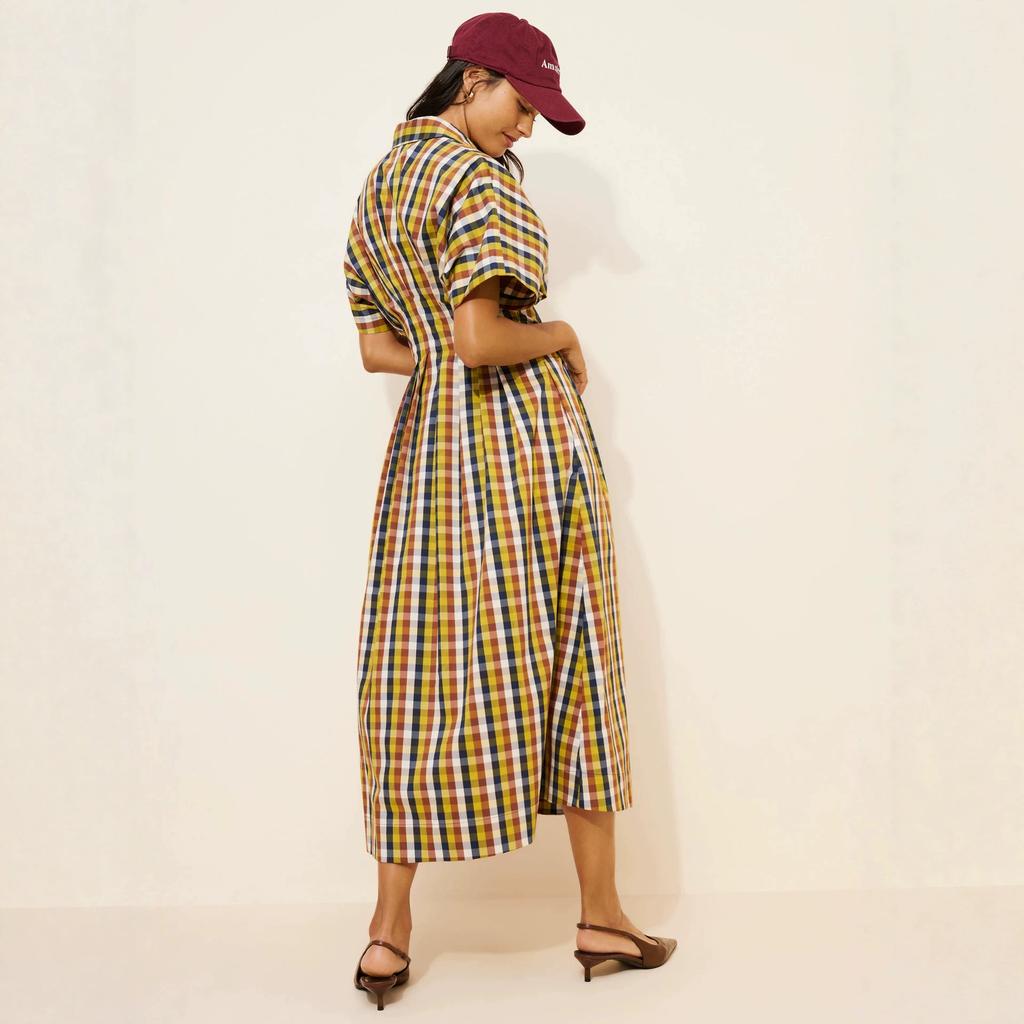 French retro plaid shirt dress women's waist and thin short-sleeved temperament college style long A-word long dress