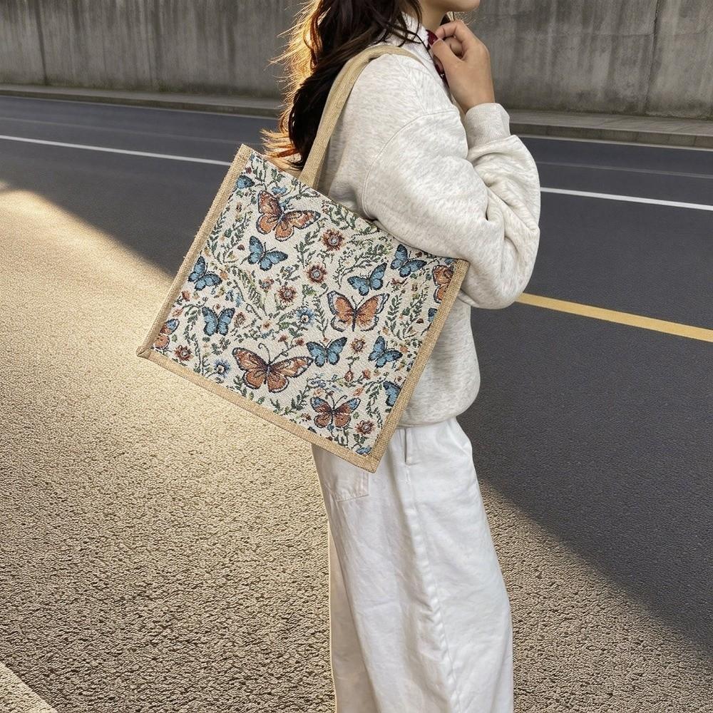 Flower Floral Pattern Shoulder Bag Canvas Geometric Cloth Bag Casual Ethnic Style Handbag Women