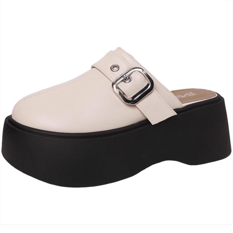 French belt buckle non-slip bag head half slippers women's 2025 new summer heightened thick bottom outer wear one pedal sandals tide