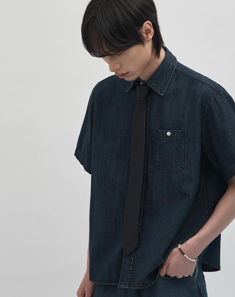 WORK ON BODY OFF Tenu Semi-Overfit Denim Short Sleeve Shirt [Blue]