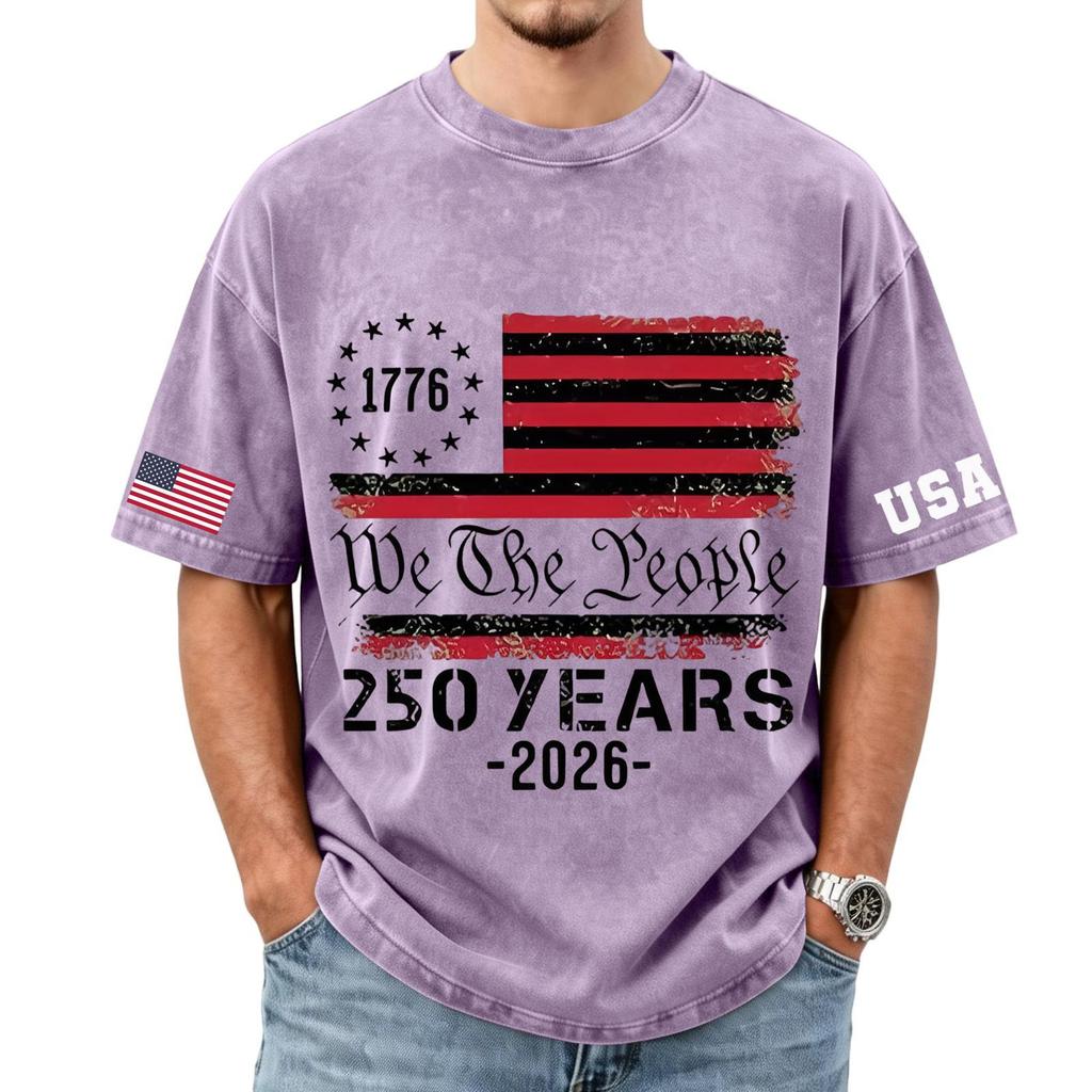 Men's Loose and Casual Flag Letter Print T-shirt - Men's Trendy Washed Short-sleeved Top