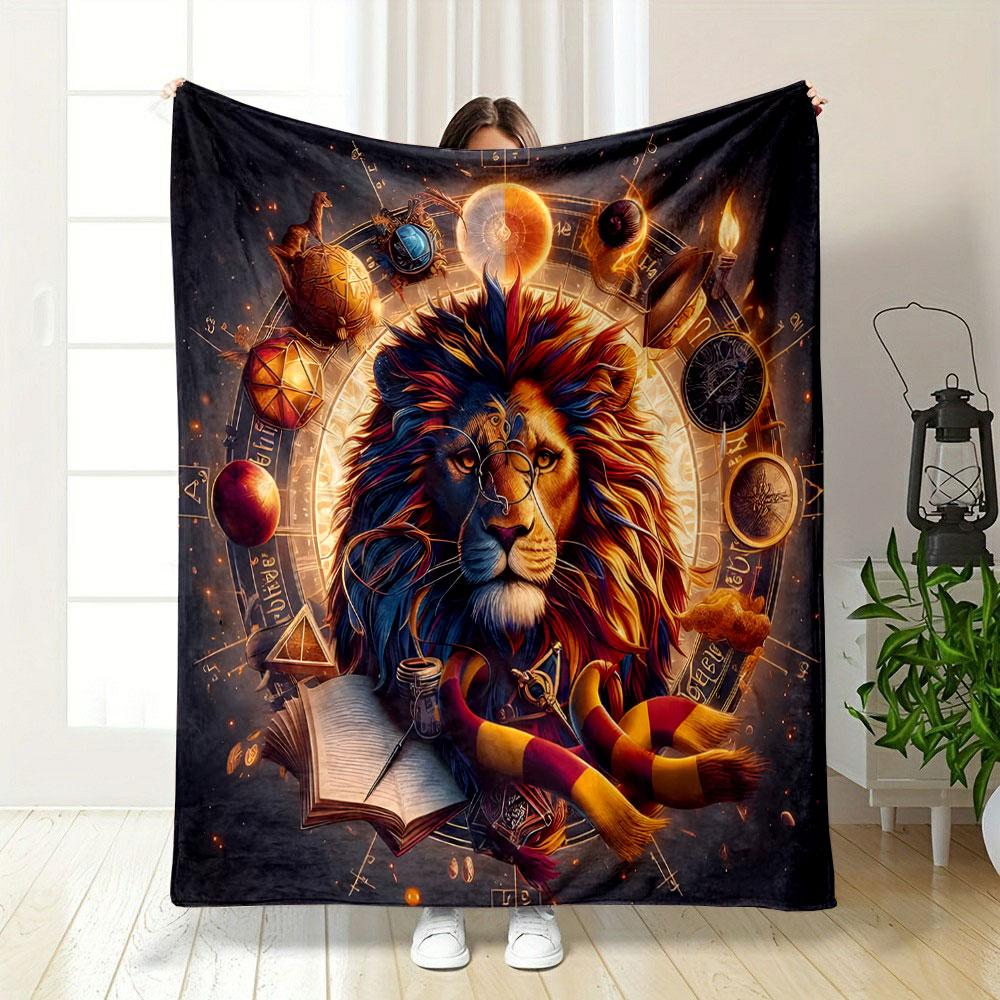 Magical Lion with Mystical Elements Patterned blanket, flannel, suitable for all seasons, home decor, warm and cozy