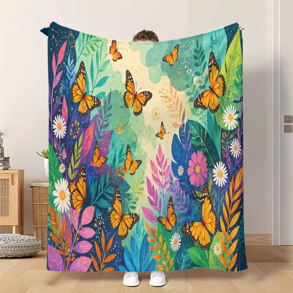 1pc Flannel Blanket Butterflies And Colorful Leaves Soft Comfortable And Warm This Nap Blanket/Sofa Blanket Is Suitable for All Se