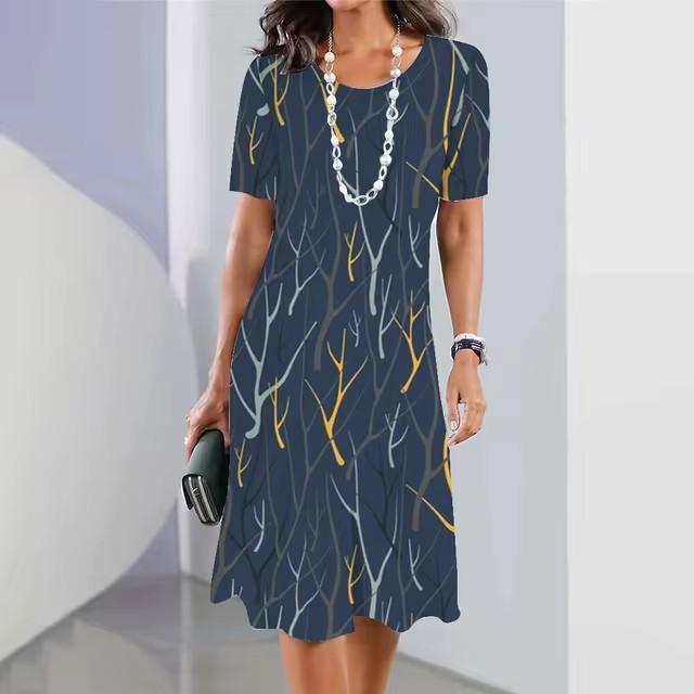 3D geometric stripe print elegant women's short-sleeved summer dress