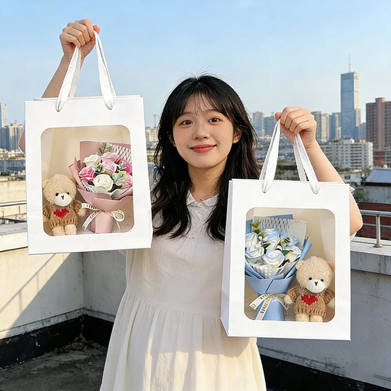 Artificial Rose Soap Flower Bear Bouquet Gift Bag Valentine'S Day Wedding Flower Bouquet Lovers Gifts Finished Producted