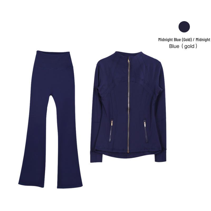 In Stock: Women's Gold Jacket & Flare Pants - High Stretch, Slimming Sports Yoga Set
