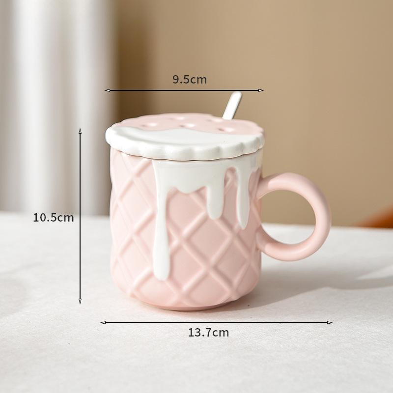 

Creamy Style Biscuit Mug Ceramic High Looking Creative Cup with Lid Spoon Cute Girl Couple Drinking Water for Home Use 420ml