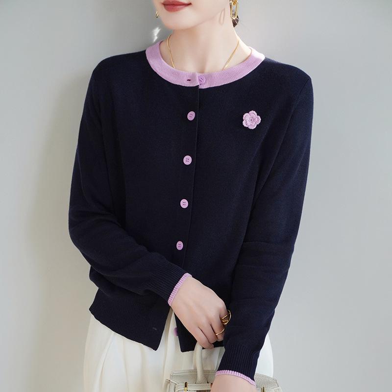 

Women s Rose Colorblock Merino Wool Cardigan Sweater - Long Sleeve, Thin 3D Design L