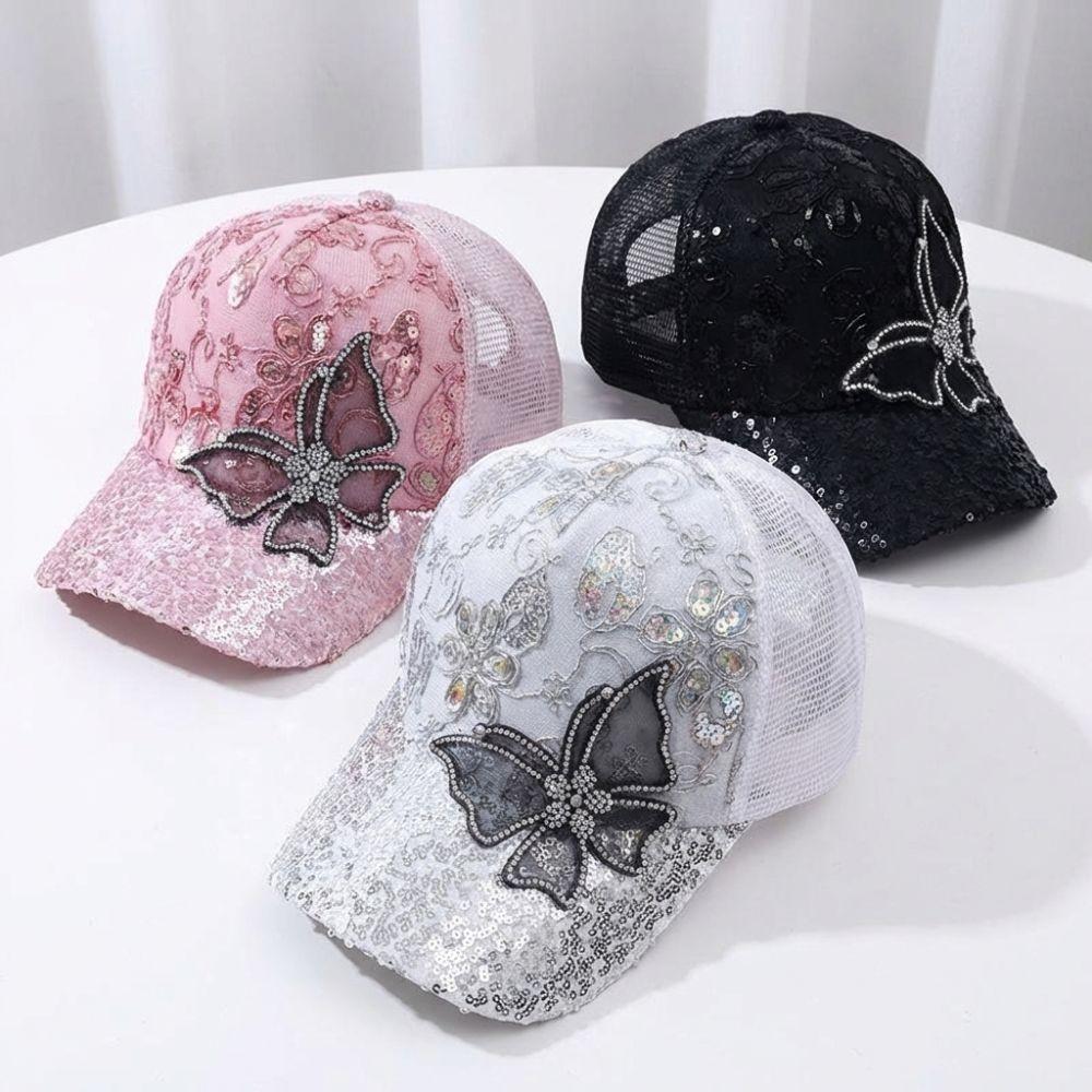 Fashion Mesh Women's Baseball Cap Black Rhinestone Breathable Sun Hat Adjustable Butterfly Decor Peaked Cap Spring Summer Autumn