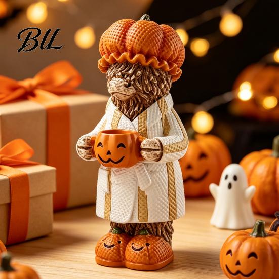 Decorative Highland Cattle Collectibles Halloween Cow Figurine, Resin Statue with Pumpkin Mug, Party Table Centerpieces Farmhouse Fall Tabletop Decor