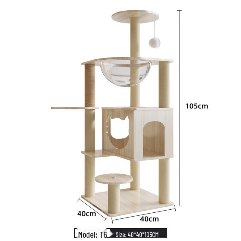 Large Wooden Cat Tree & Scratching Post with Space-Saving Design - Integrated Climbing Frame & House