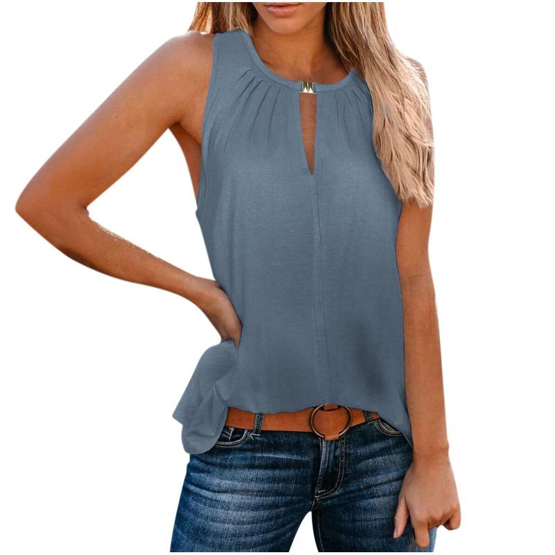 VEZFAA Women's Fashion Casual Summer Spring Solid Color Print Sleeveless V-Neck Blouses & Shirts