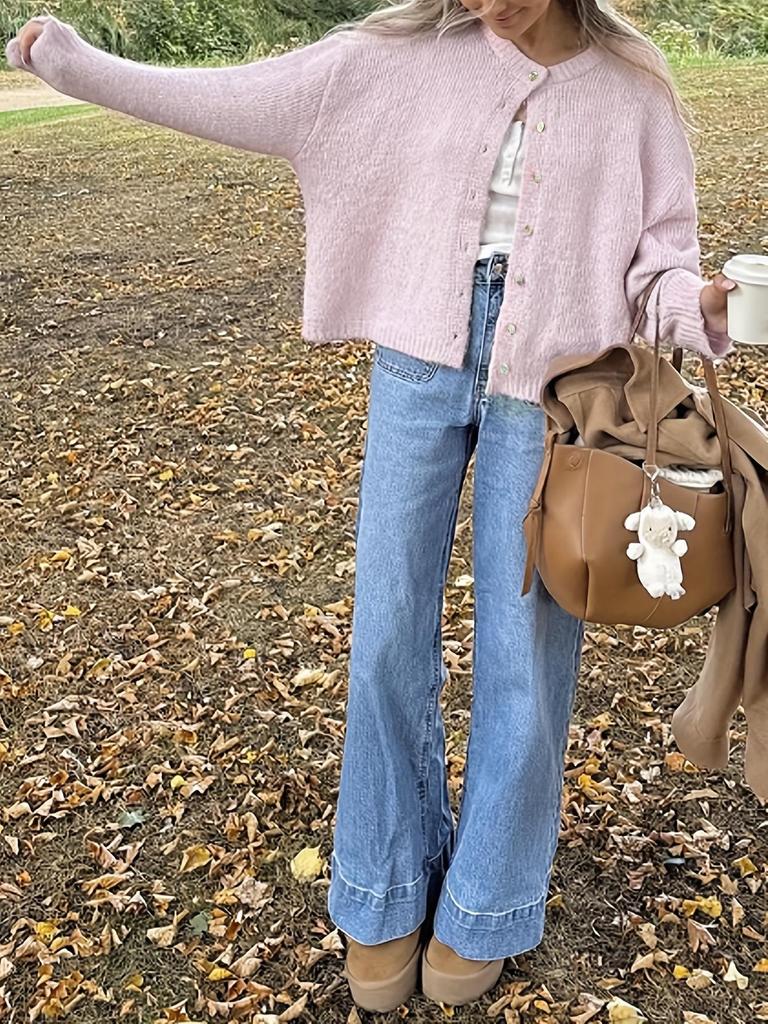 Women's Light Pink Round Neck Knit Cardigan - Autumn/Winter Loose Fit, Drop Shoulder, Long Sleeve, Short Versatile Sweater Coat