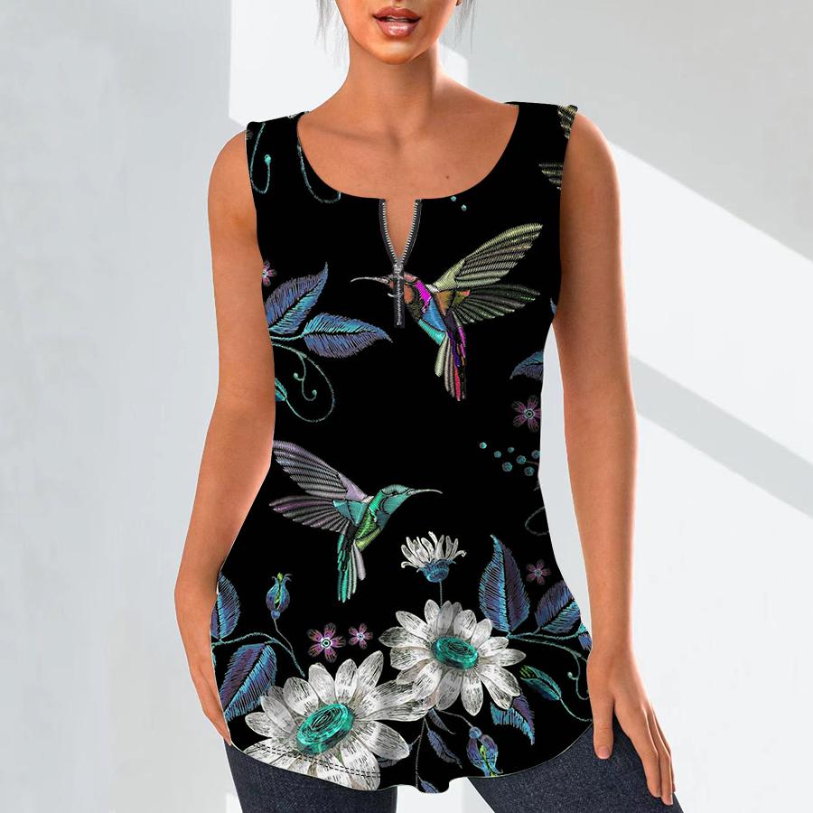 Kadın Moda V Yaka Gömlek Casual Tops T-shirt Bayanlar 3D İşlemeli Kuşlar Baskı Yelek Artı Boyutu Kolsuz Bluz Tank Tops
