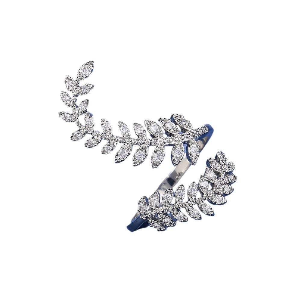 Creative Plant Leaf Zircon Silver-Plated Long Ring for Women