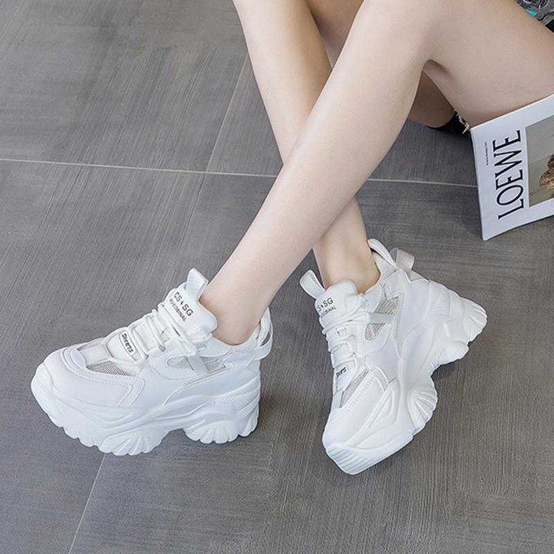 6CM Erhöhung Damen Sneaker mit dicker Sohle Frühling und Herbst Mode Outdoor Weiß Rutschfest Schnürschuh Atmungsaktiv Damen 35-40