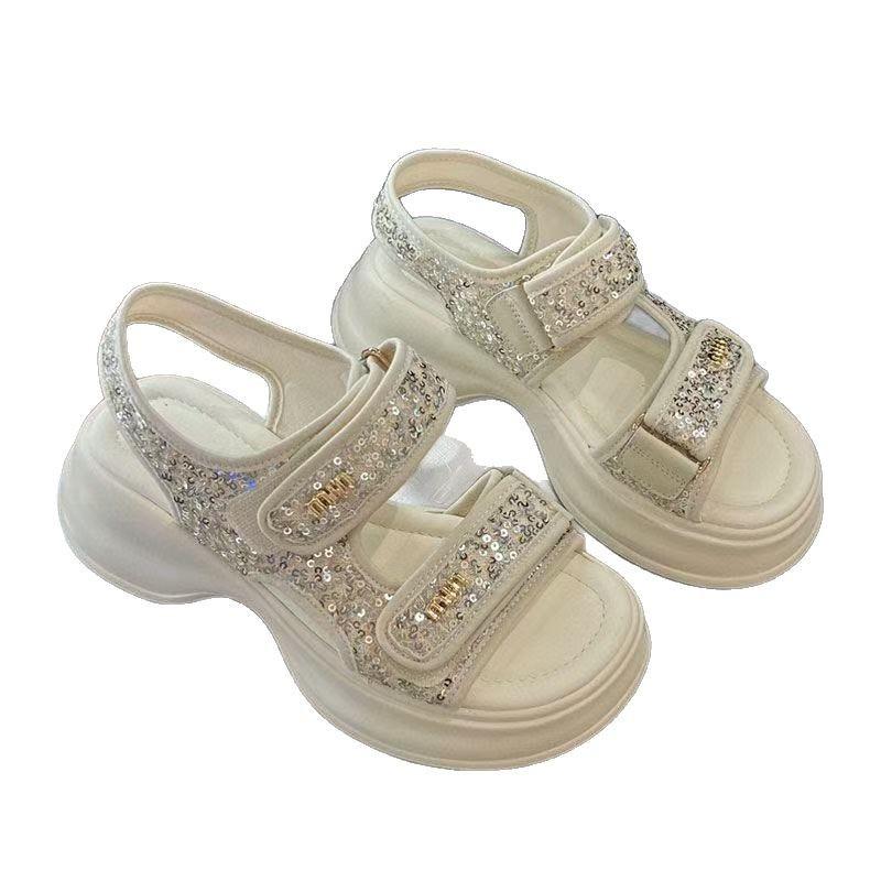 Velcro Sports Sandals Women's 2025 New Summer Lightweight Platform Versatile Sequins Roman Shoes Non-slip Beach Shoes