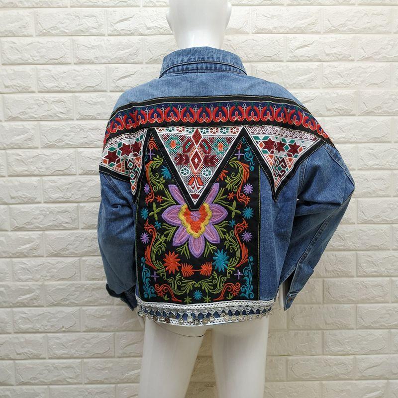 FindIt Bohemia Retro Embroider Three-Dimensional Decoration Denim Outwear Long Sleeve Lapel Top Fashion New Arrival