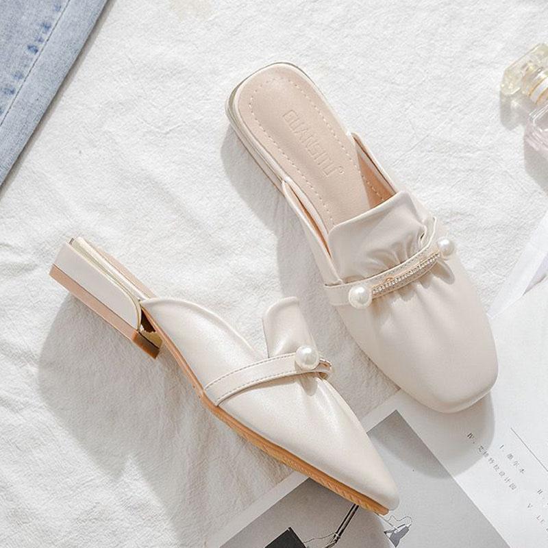 WTEMPO Women's Spring and Summer Square Toe Slippers Thick Low Heel Wrapped Toe Pearl Beige Rhinestone Pleated Soft Sole Soft Leather Slip-on Sandals