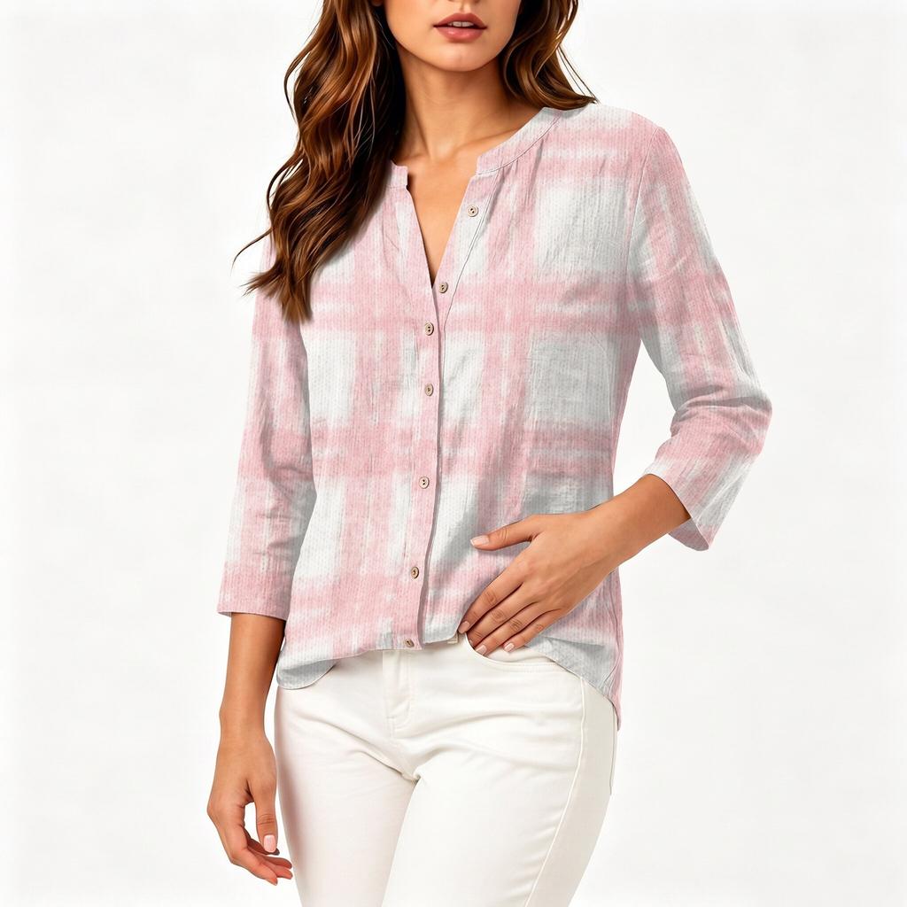 Women's Cotton Linen Shirt with Printed Pattern, Three-Quarter Sleeve Casual Blouse for Everyday Wear