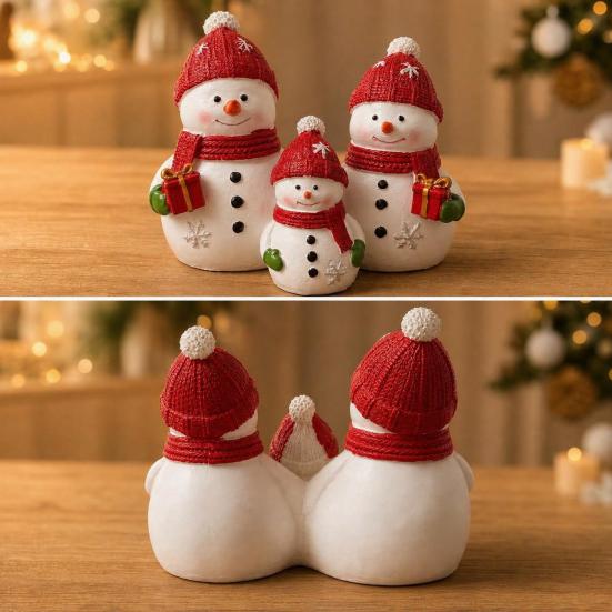 Seasonal Home Decor Christmas Resin Snowman Figurine, Cute Family of 3 Statue with Santa Holiday Mantel Hat, Red Scarf, Tabletop Ornament for