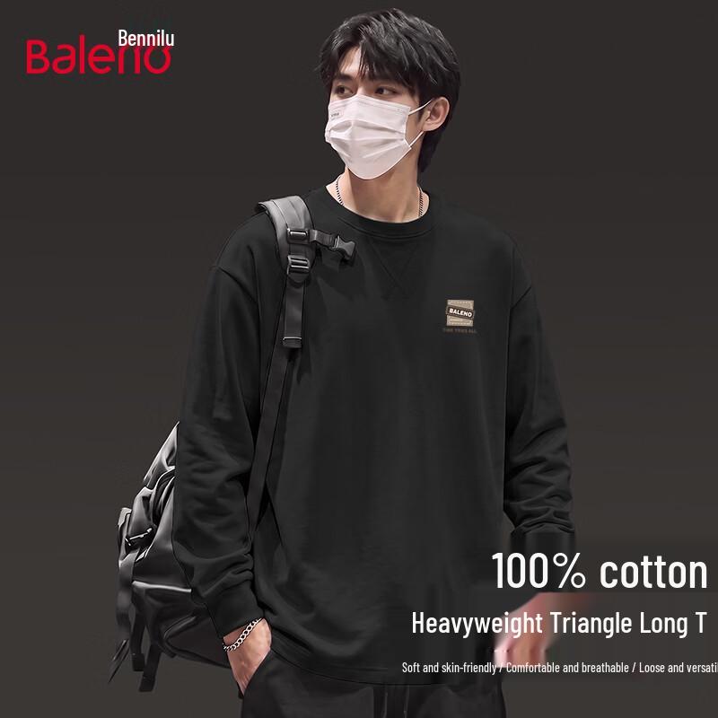 Baleno Men's Loose-Fit Pure Cotton Long Sleeve Crew Neck T-Shirt