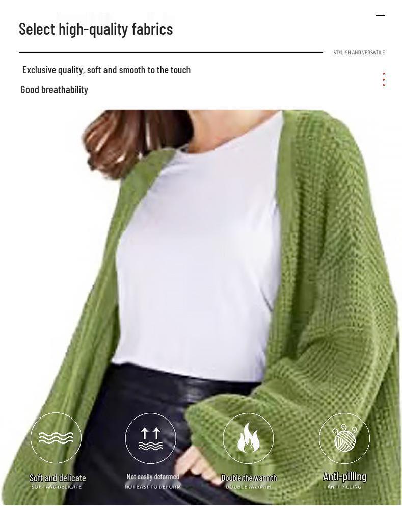 Women's V-Neck Lantern Sleeve Knitted Cardigan Sweater Coat - Single-Breasted Lazy Style