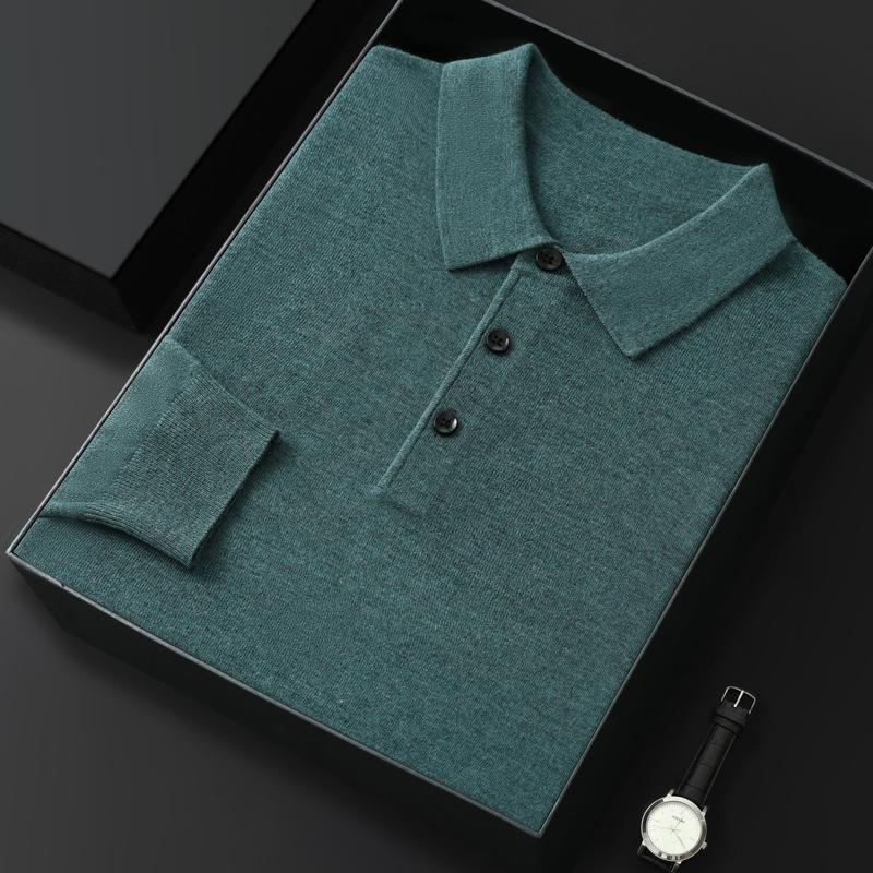 Men's Spring and Autumn Casual Polo Collar Long-sleeved Knit Shirt Solid Color Loose Business Pullover Tops