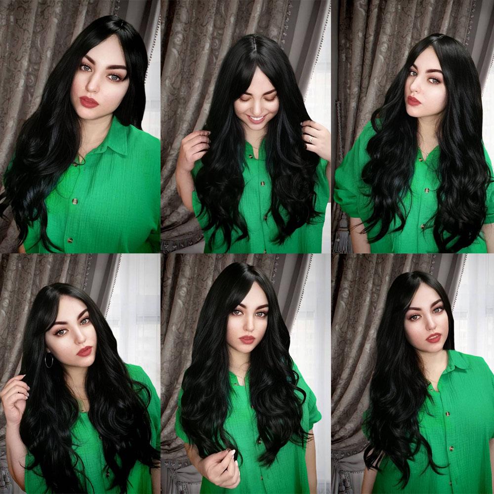 HENRY MARGU Lange gewellte synthetische Perücken mit Pony, natürliches schwarzes Haar, Perücken für Frauen, tägliche Party, hitzebeständige Faserperücken