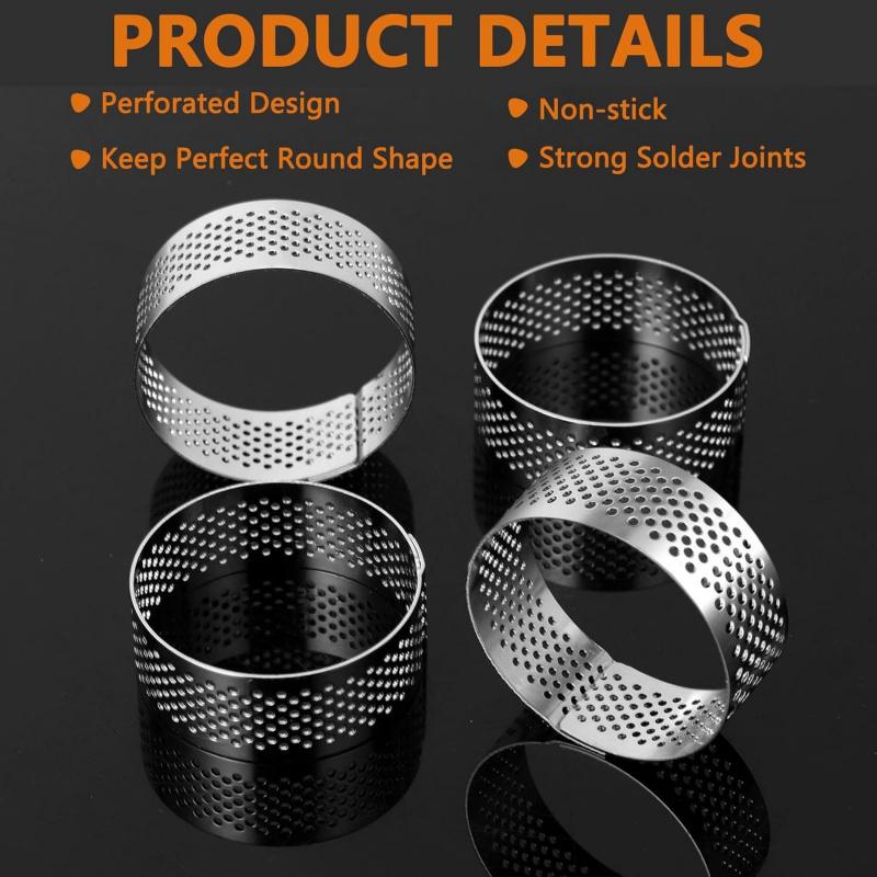 Set of 12 Stainless Steel Round Tart Rings - Perforated Molds for Mousses And Desserts,Cookie Cutters, Fruit Tart Molds