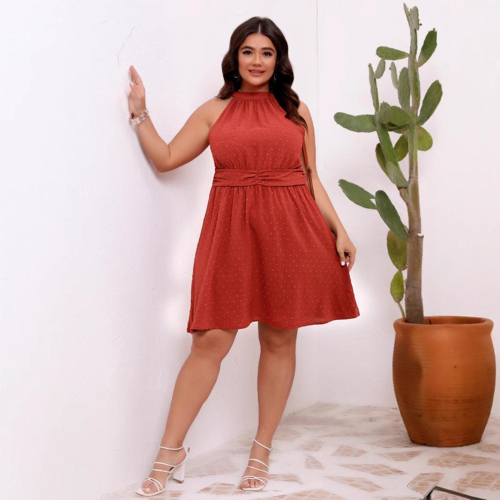 QICED Summer Women's Dress In Large Size, Semi-high Neck, Halter, Cinched Waist, Jacquard Solid Color
