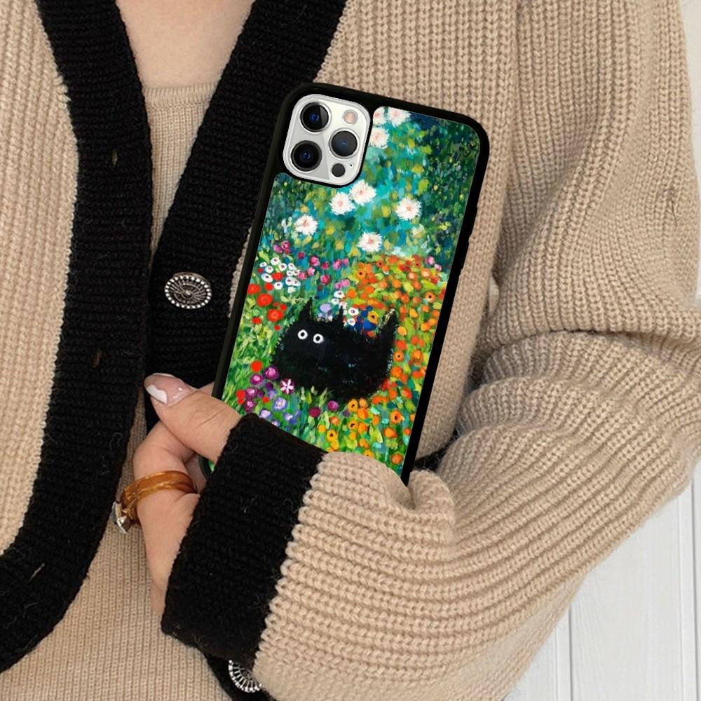 Cartoon Animal Black Cat Oil Painting Phone Case Silicone PC+TPU For For iPhone  11 12 13 14 15 16 Plus Pro Max Cover