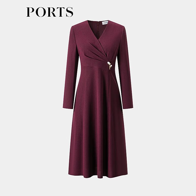 PORTS 2025 Autumn Pleated Waist V-Neck Midi Dress