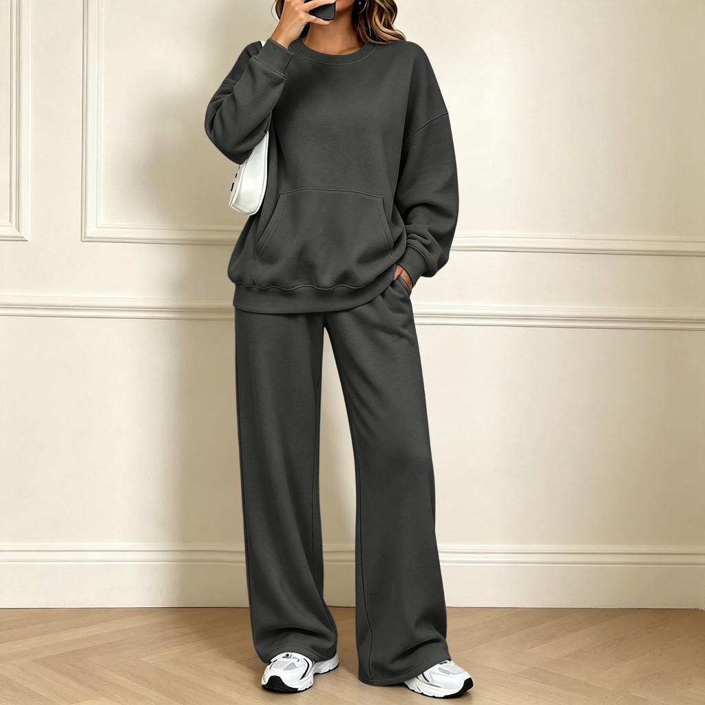 Women's Casual Neck Sweatshirt and Pants Set with Pockets, Fall Winter Comfortable Outfit