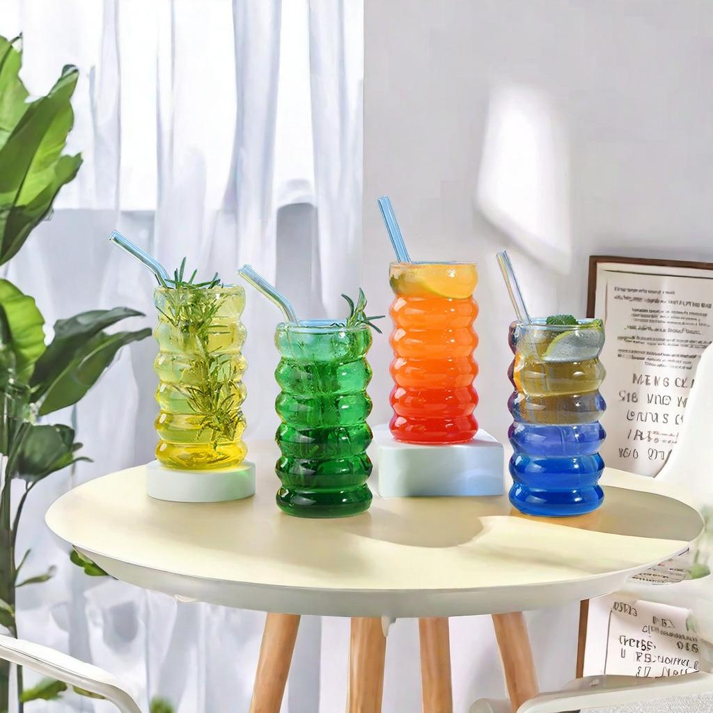 1/2/4 buc Pahare pentru băuturi în formă de val cu paie, Pahare de sticlă vintage, Pahare pentru băutură pentru suc, bere, vin, șampanie, cocktail