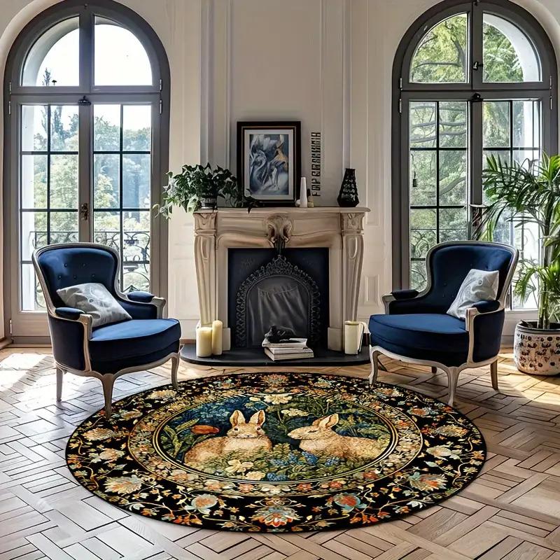 Aesthetic Bunny Love Round Carpet Soft Non-Slip Decorative Mat 2D Print Nature Style Flower Rug for Nursery Patio Holiday Gift