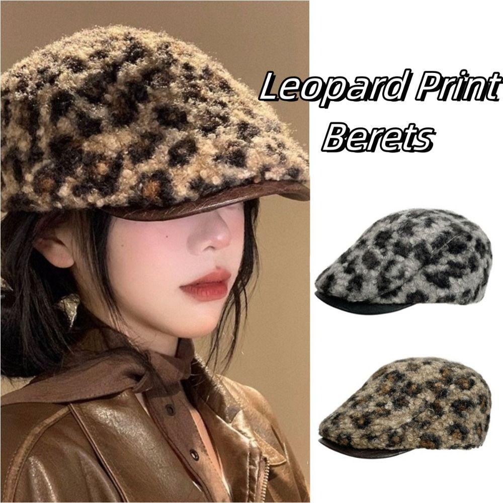 Pu Leather Brim Leopard Print Berets Keep Warm Women Newsboy Caps Lamb Wool Berets Hat  Female
