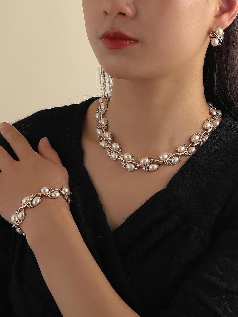 Latest Stylish Design Fancy Pearl Bracelet Earrings Necklace Jewellery Set for Women